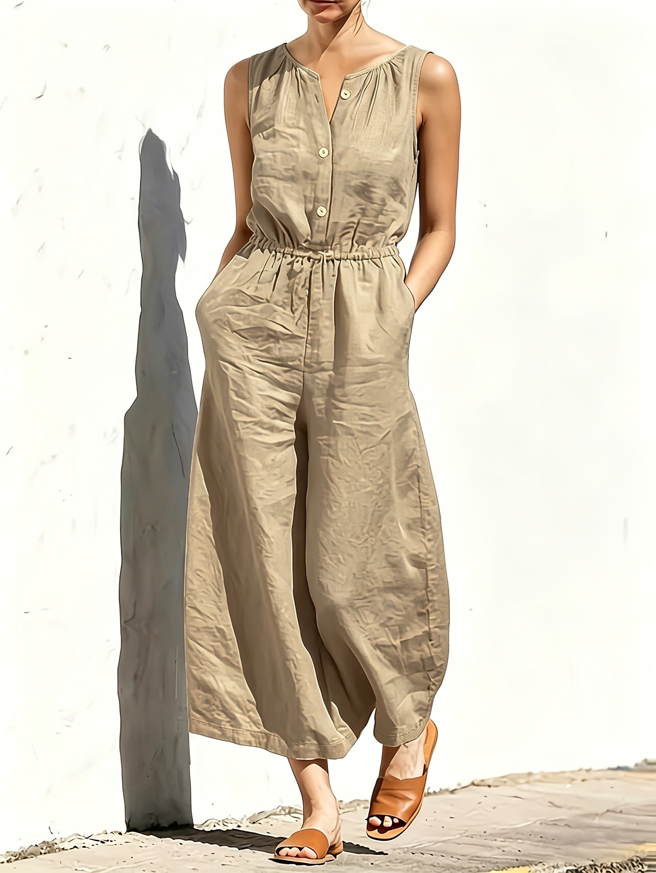 Effortless Navy Blue Linen Wide Leg Jumpsuit for Women with V Neck Sleeveless Button Front Relaxed Style