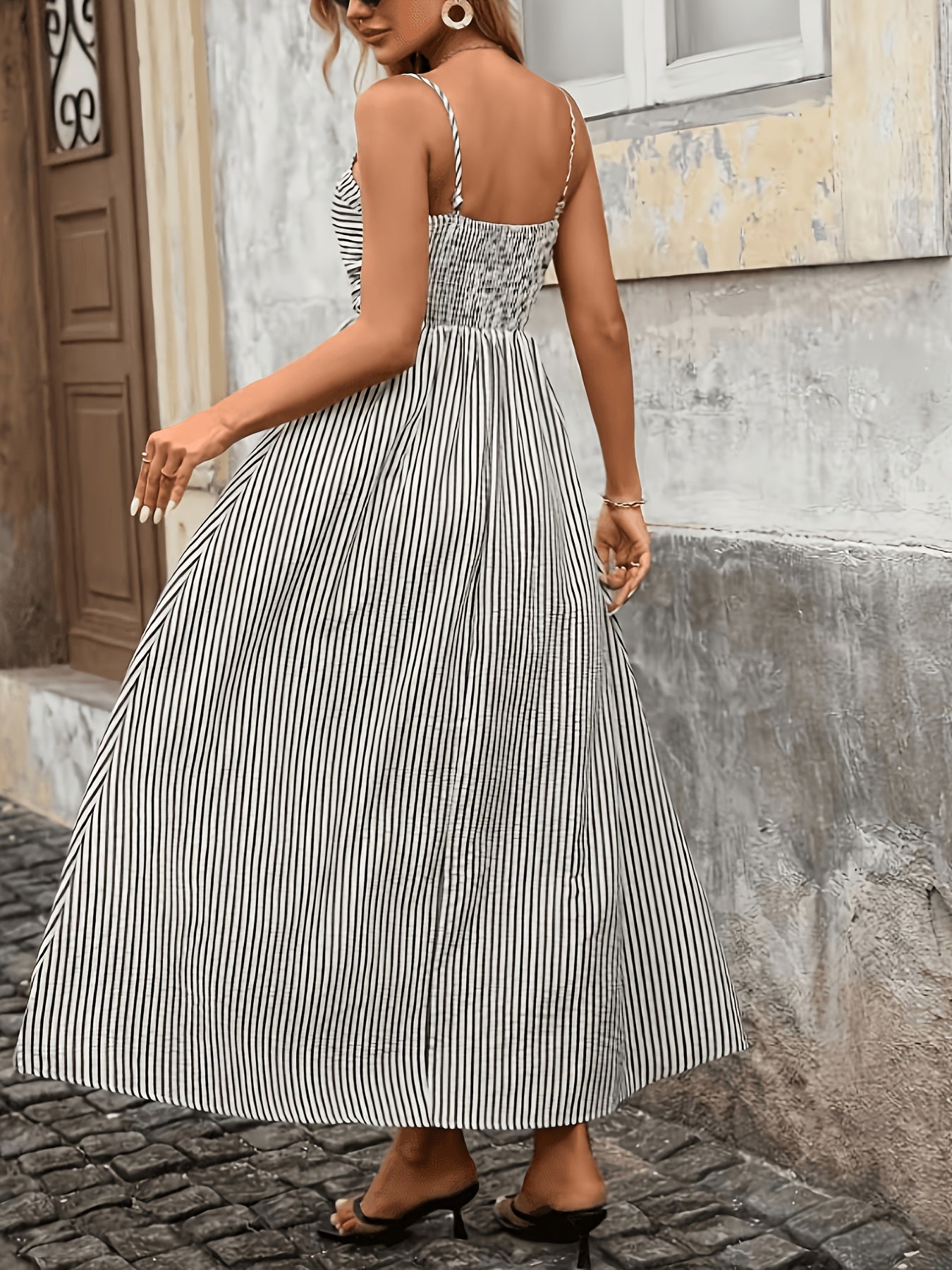Elegant Black Striped Maxi Dress for Women with Square Neck Spaghetti Strap Smocked Flowing Style