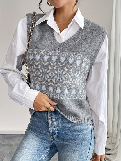 Comfortable Grey Fair Isle Sweater Vest for Women with V Neck Sleeveless Cropped Knit Style