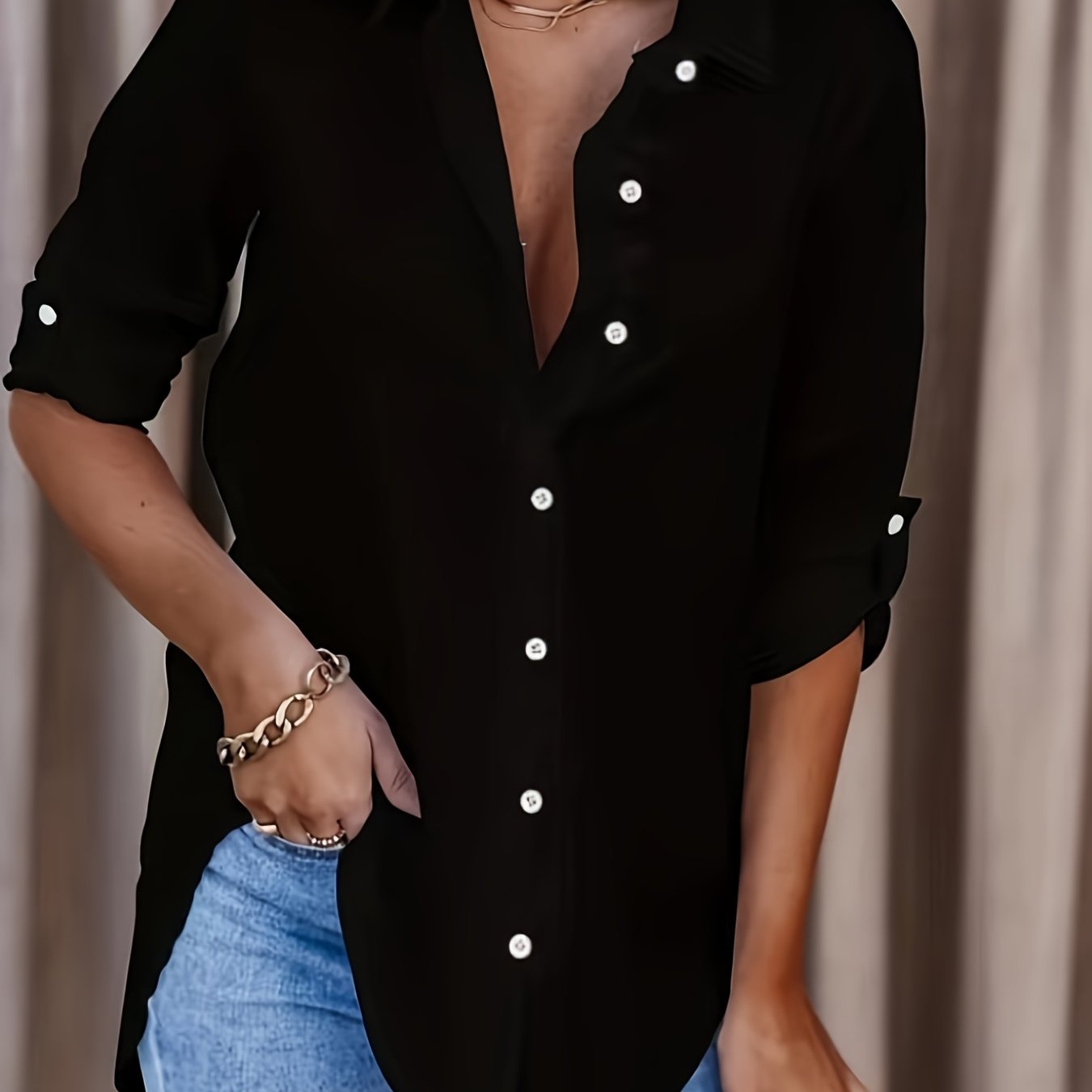 Effortless Button Down Blouse for Women with Collar Long Sleeve Roll Tab Relaxed Style
