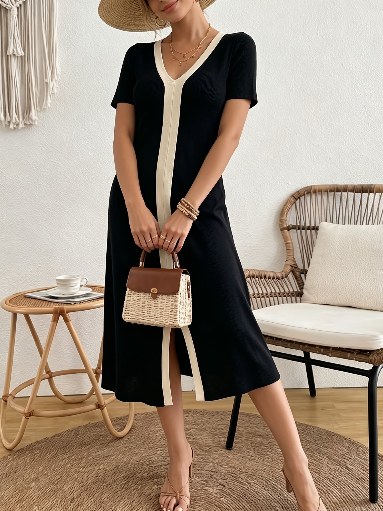 Elegant Black Midi Dress for Women with V Neck Short Sleeve Colorblock Slit Knit Style