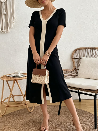 Elegant Black Midi Dress for Women with V Neck Short Sleeve Colorblock Slit Knit Style