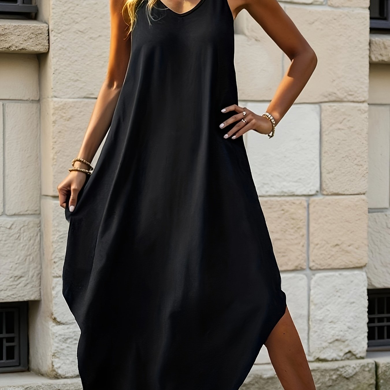 Elegant Black Maxi Dress for Women with V Neck Sleeveless Cocoon Flowing Bohemian Style