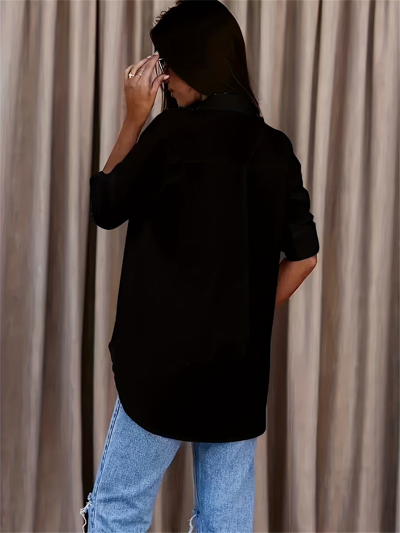 Effortless White Cotton Blouse for Women with Collar V Neck Elbow Sleeve High Low Casual Style