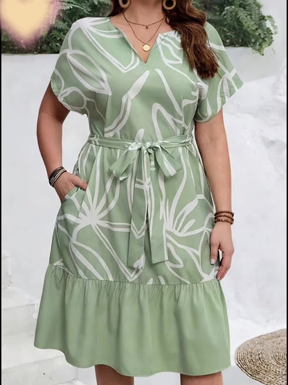 Effortless Abstract Print Midi Dress for Women with V Neck Flutter Sleeve Belted Ruffle Hem Flowing Style