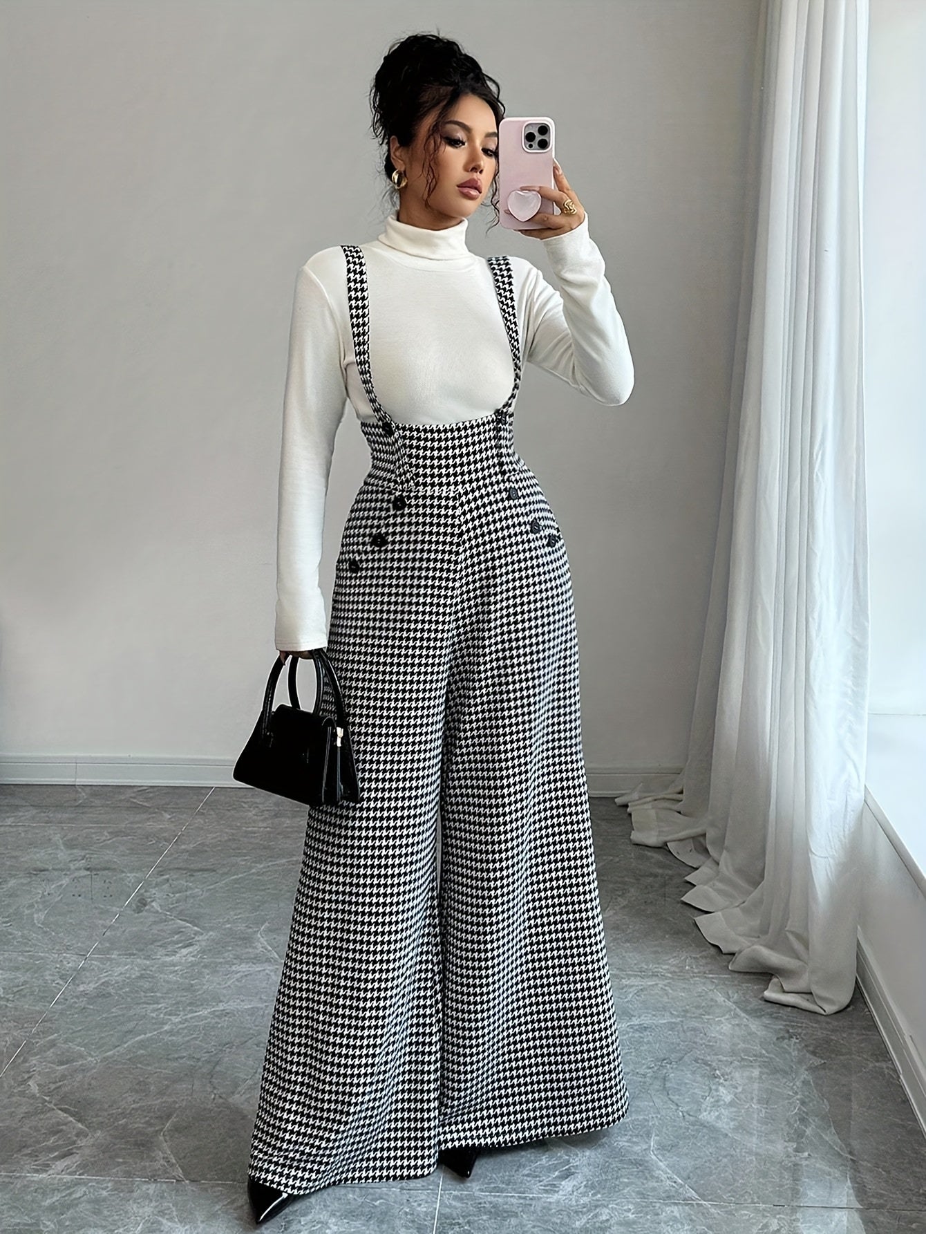 Elegant Houndstooth Wide Leg Jumpsuit for Women with Square Neck Sleeveless Suspender Button Front Relaxed Style