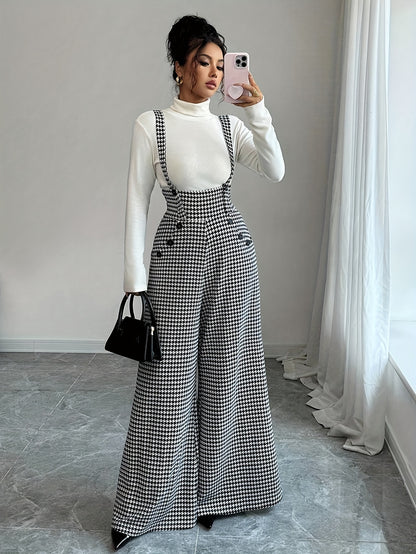 Elegant Houndstooth Wide Leg Jumpsuit for Women with Square Neck Sleeveless Suspender Button Front Relaxed Style