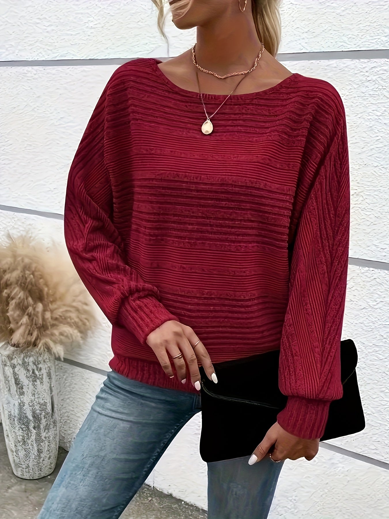 Comfortable Ribbed Knit Sweater for Women with Boat Neck Batwing Sleeve Oversized Relaxed Style