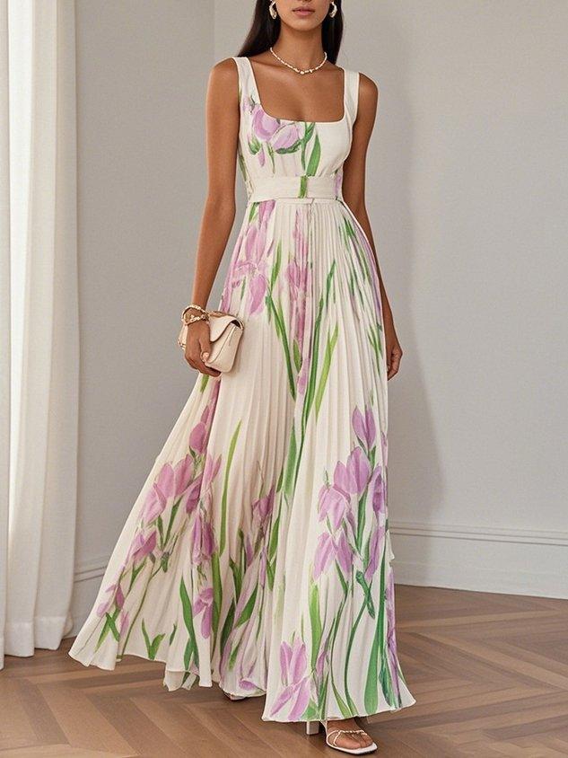 Elegant Floral Maxi Dress for Women with Square Neck Sleeveless Pleated Belted Wedding Guest Style
