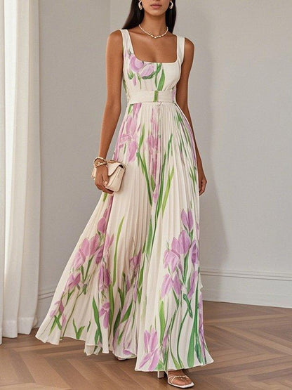 Elegant Floral Maxi Dress for Women with Square Neck Sleeveless Pleated Belted Wedding Guest Style