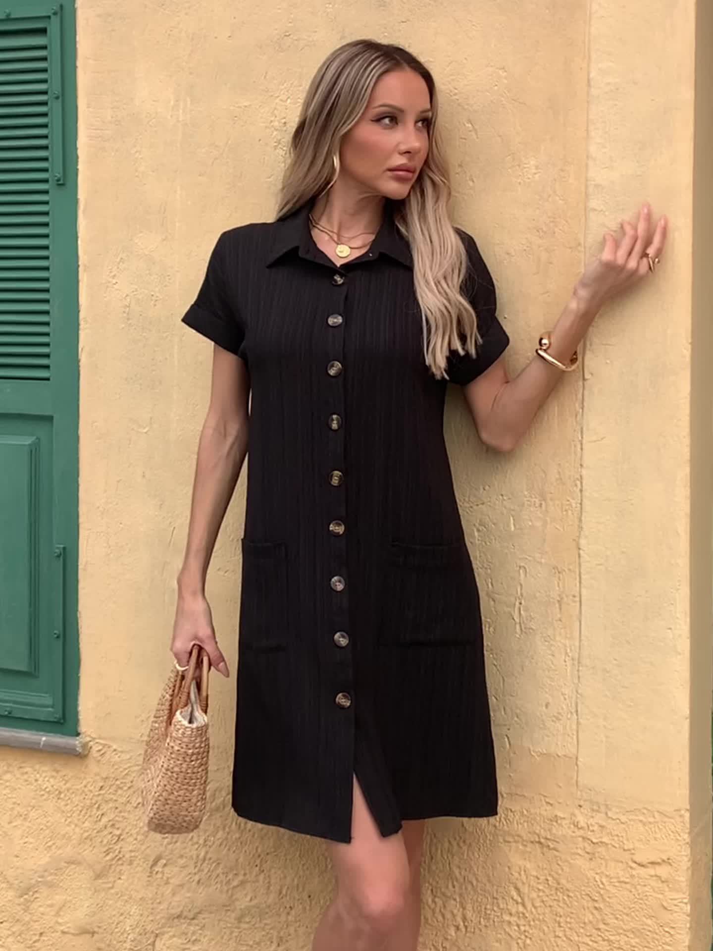 Effortless Textured Cotton Shirt Dress for Women with Collar Short Sleeve Button Front Relaxed Style