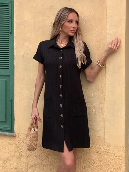 Effortless Textured Cotton Shirt Dress for Women with Collar Short Sleeve Button Front Relaxed Style