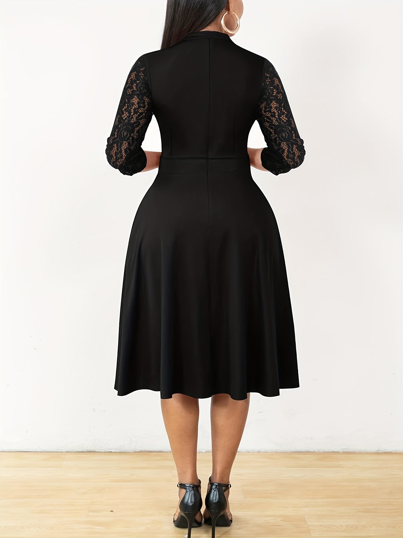 Elegant Lace Sleeve Midi Dress for Women with Notched Neck Three Quarter Sleeve Fit and Flare Cocktail Style