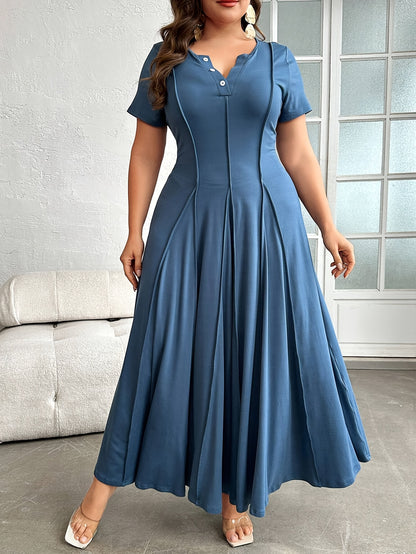 Elegant Peacock Blue Maxi Dress for Women with Notched Neck Short Sleeve Button Placket Flowing Style