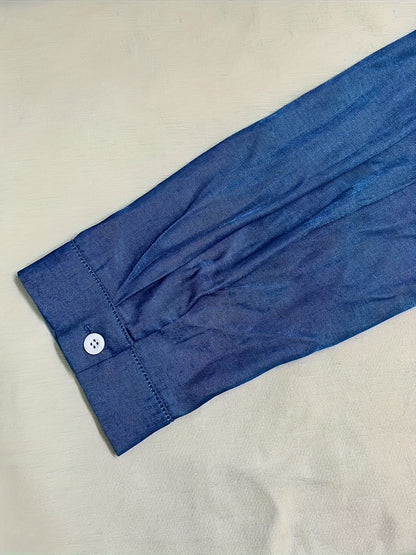 Elegant Blue Denim Shirt Maxi Dress for Women with Collar Long Sleeve Button Front High Low Style