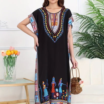 Effortless Tribal Print Kaftan Dress for Women with V Neck Short Sleeve Embroidered Flowing Bohemian Style