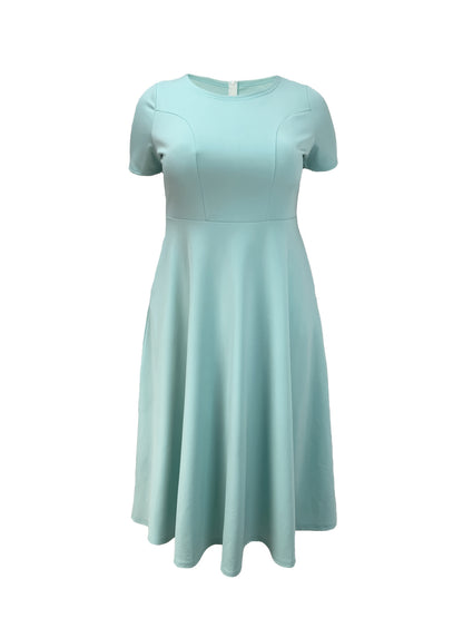 Elegant Rose Red Midi Dress for Women with Round Neck Short Sleeve Fit and Flare Pocket Style