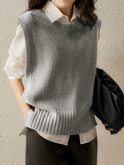 Comfortable Ribbed Knit Sweater Vest for Women with Crew Neck Sleeveless Relaxed Oversized Style