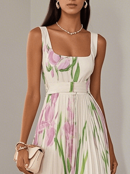 Elegant Floral Maxi Dress for Women with Square Neck Sleeveless Pleated Belted Wedding Guest Style