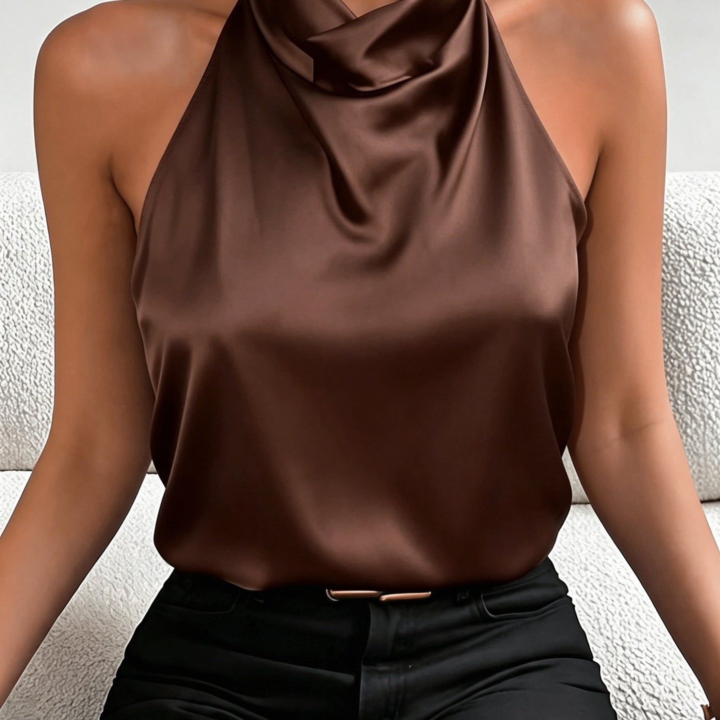 Elegant Satin Halter Top for Women with Cowl Neck Sleeveless Draped Silky Style