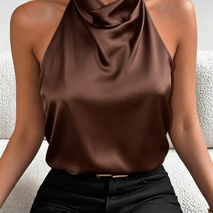 Elegant Satin Halter Top for Women with Cowl Neck Sleeveless Draped Silky Style
