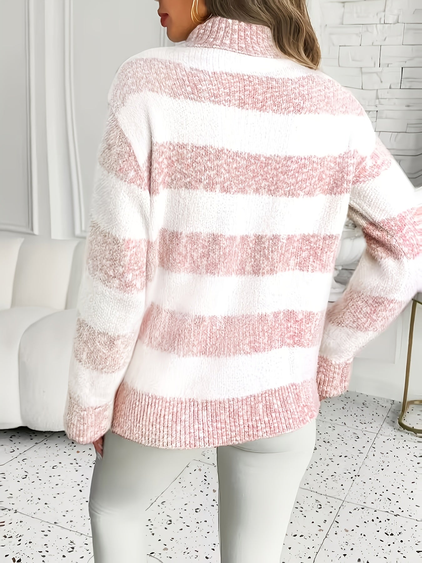 Comfortable Striped Turtleneck Sweater for Women with High Neck Long Sleeve Oversized Fuzzy Knit Style
