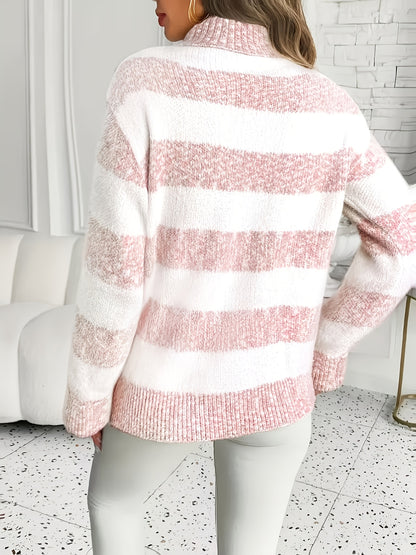 Comfortable Striped Turtleneck Sweater for Women with High Neck Long Sleeve Oversized Fuzzy Knit Style