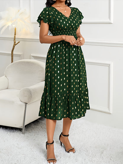 Elegant Polka Dot Midi Dress for Women with V Neck Flutter Sleeve Smocked Waist Ruffle Hem Style