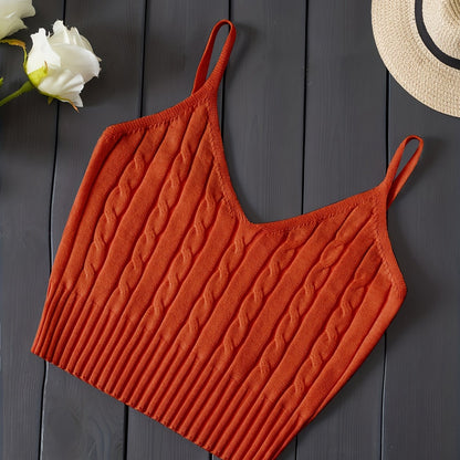 Effortless Cable Knit Crop Top for Women with V Neck Sleeveless Ribbed Fitted Tank Style