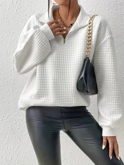 Comfortable and Loose Waffle Solid Standing Neck Zipper Long Sleeve Panel Women's Sweater