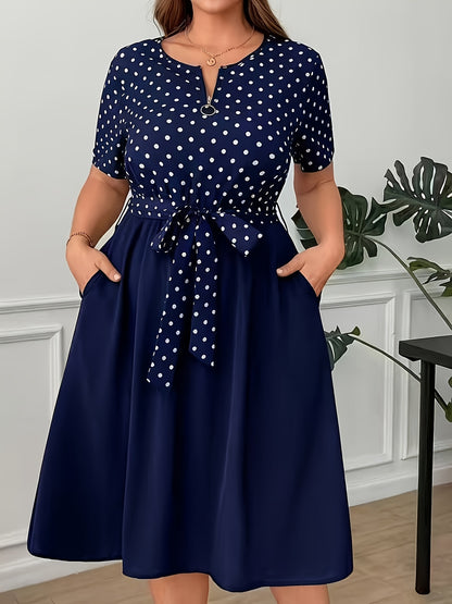 Elegant Polka Dot Midi Dress for Women with Notch Neck Short Sleeve Tie Waist Belted Style