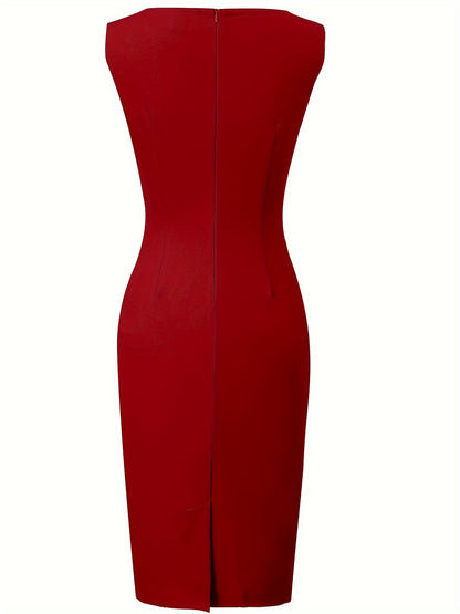 Elegant Contrast Trim Sheath Dress for Women with Split Neck Sleeveless Crisscross Waist Bodycon Cocktail Style