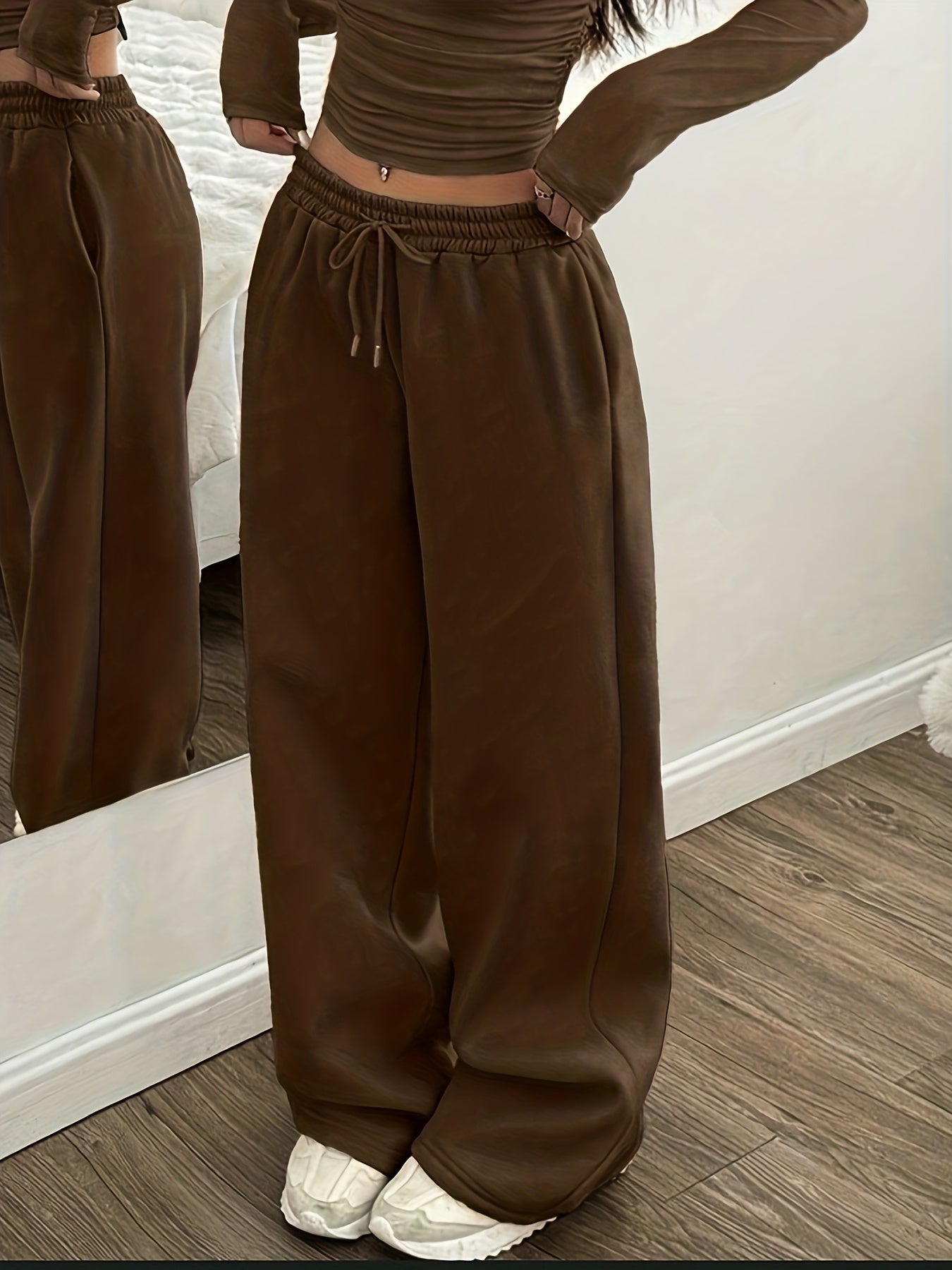 Effortless Coffee Brown Wide Leg Pants for Women with High Waist Drawstring Relaxed Flowing Casual Style