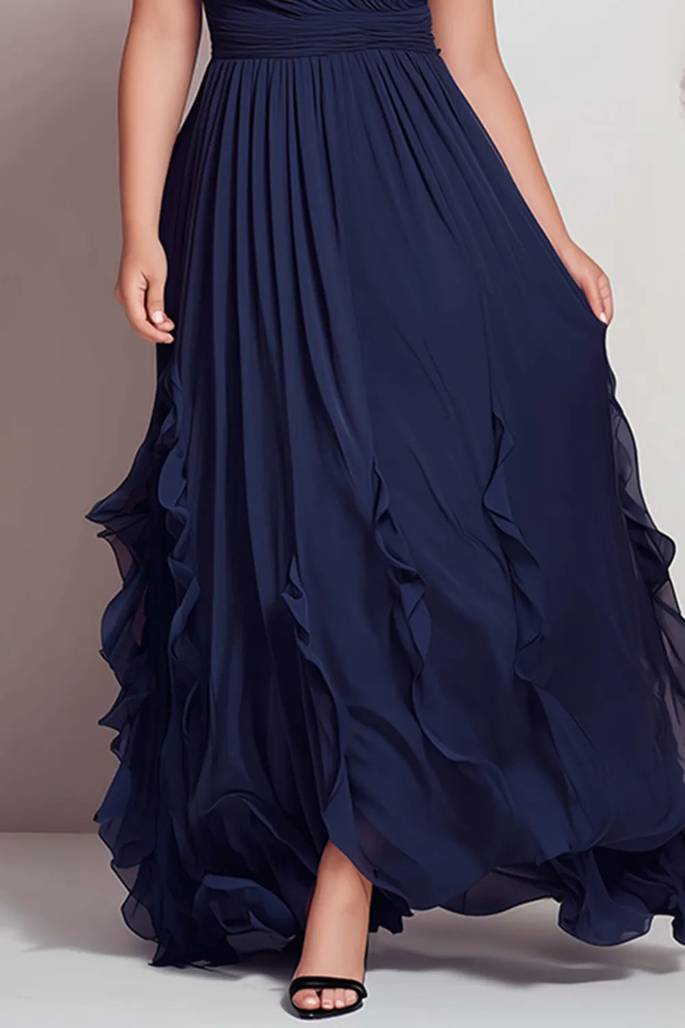 Elegant Navy Blue Chiffon Maxi Dress for Women with V Neck Ruffle Sleeve Ruched Waist Flowing Wedding Guest Style