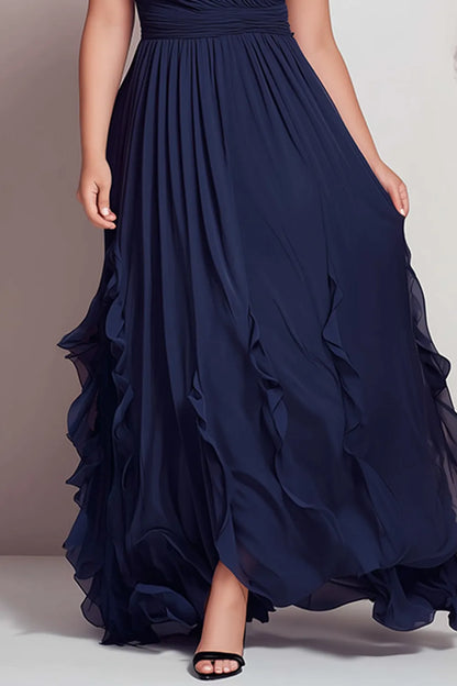 Elegant Navy Blue Chiffon Maxi Dress for Women with V Neck Ruffle Sleeve Ruched Waist Flowing Wedding Guest Style