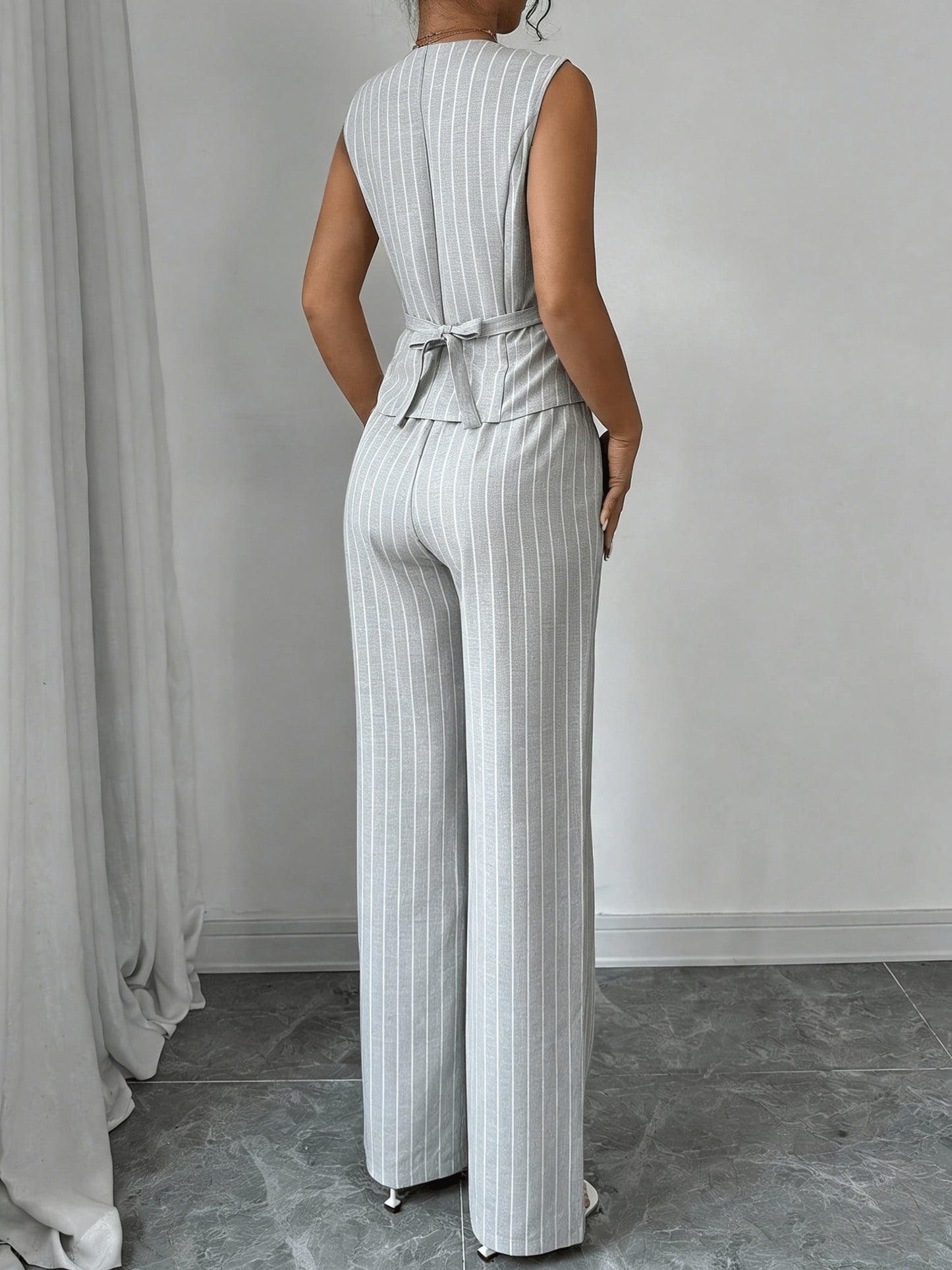 Elegant Grey Pinstripe Wide Leg Set for Women with V Neck Button Front Two Piece Style