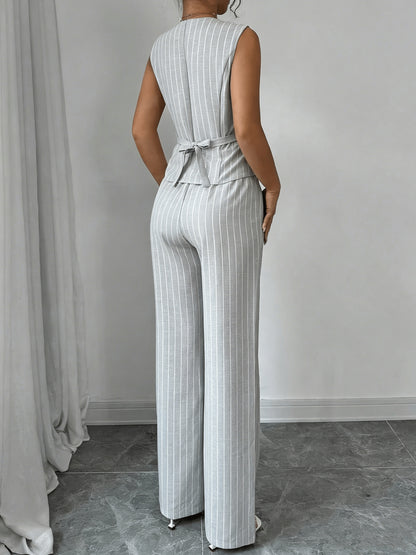 Elegant Grey Pinstripe Wide Leg Set for Women with V Neck Button Front Two Piece Style