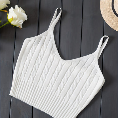 Effortless Cable Knit Crop Top for Women with V Neck Sleeveless Ribbed Fitted Tank Style