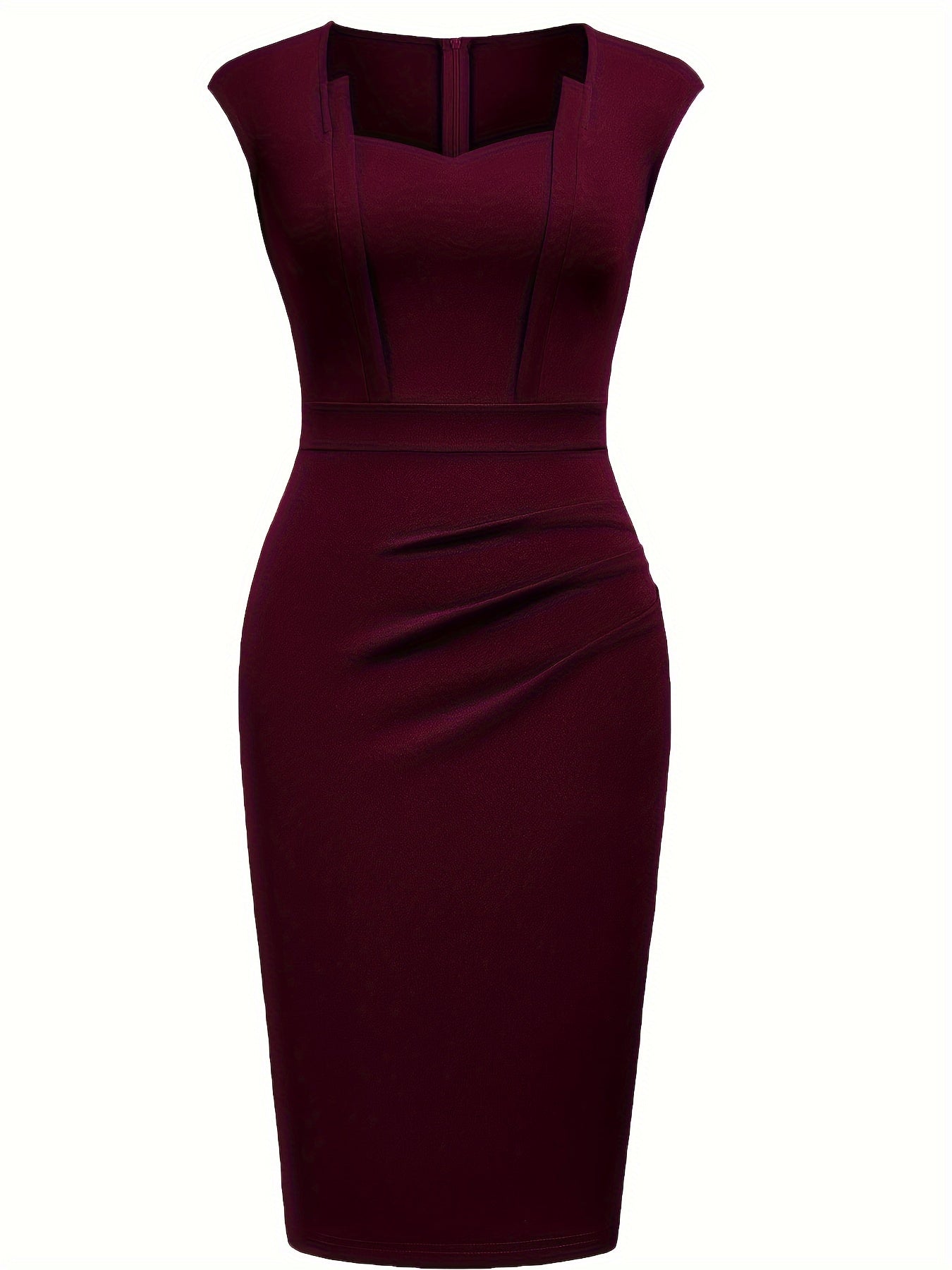 Elegant Ruched Midi Dress for Women with Sweetheart Neckline Cap Sleeve Bodycon Formal Style