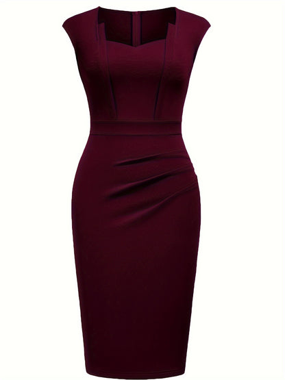 Elegant Ruched Midi Dress for Women with Sweetheart Neckline Cap Sleeve Bodycon Formal Style