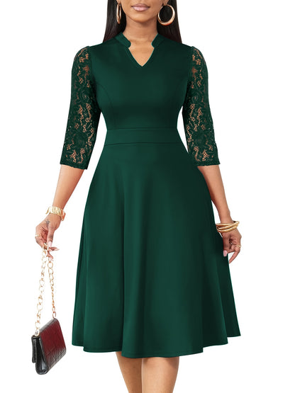 Elegant Lace Sleeve Midi Dress for Women with Notched Neck Three Quarter Sleeve Fit and Flare Cocktail Style