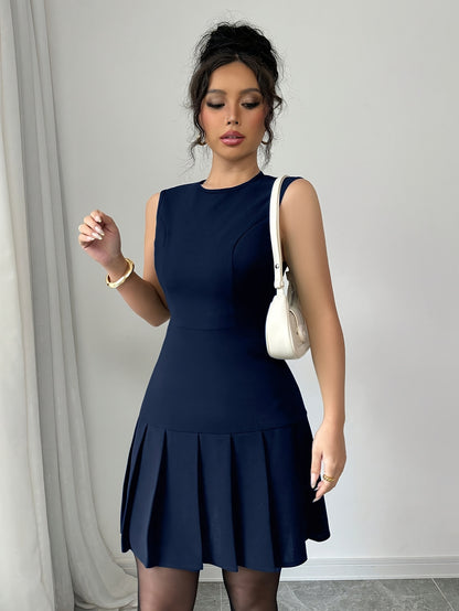 Elegant Pleated Mini Dress for Women with Round Neck Sleeveless Fit and Flare Cocktail Style