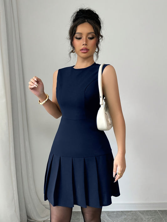 Elegant Pleated Mini Dress for Women with Round Neck Sleeveless Fit and Flare Cocktail Style