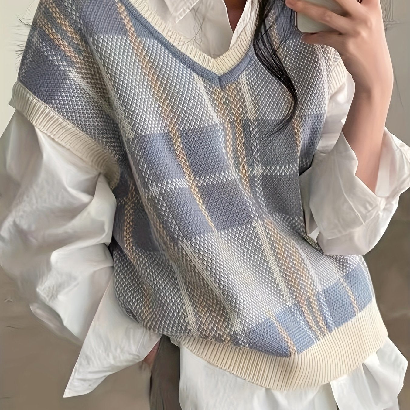 Comfortable Plaid Sweater Vest for Women with V Neck Sleeveless Oversized Knit Style