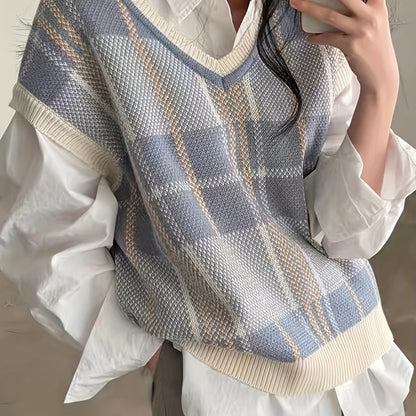 Comfortable Plaid Sweater Vest for Women with V Neck Sleeveless Oversized Knit Style