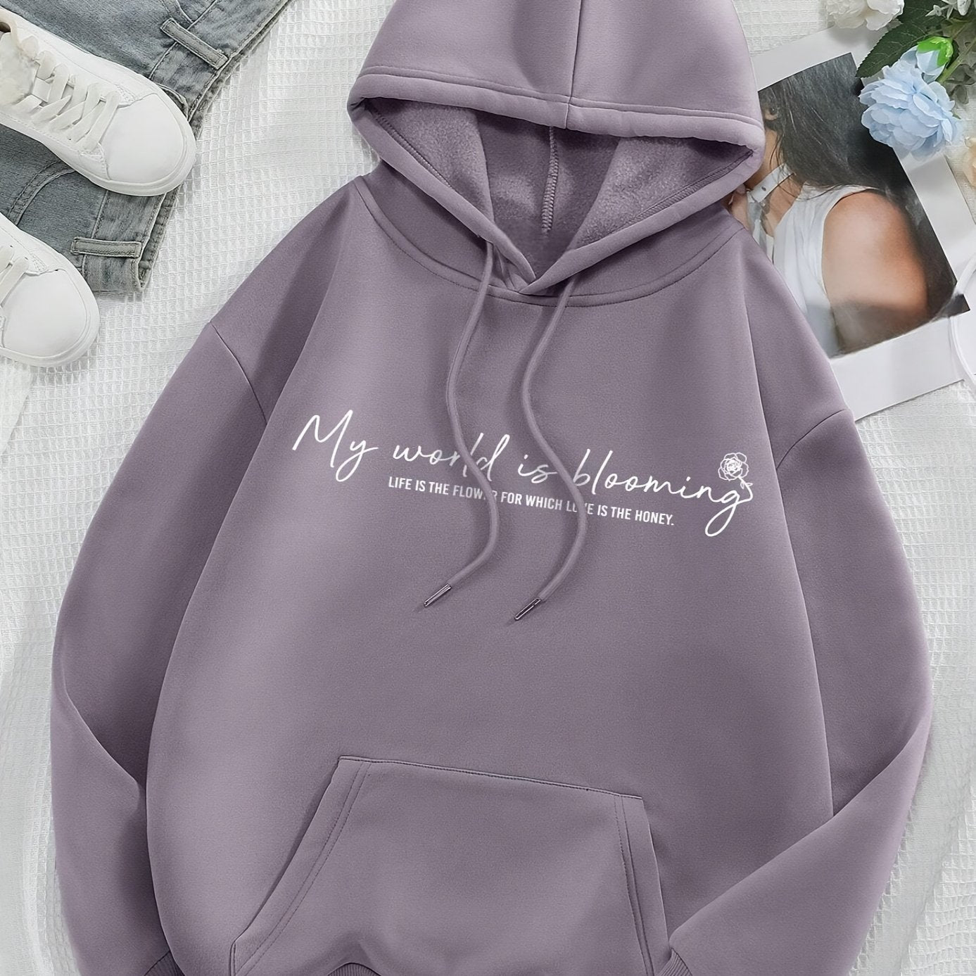 Slogan Pattern Kangaroo Pocket Drawstring Hooded Warm Hoodie