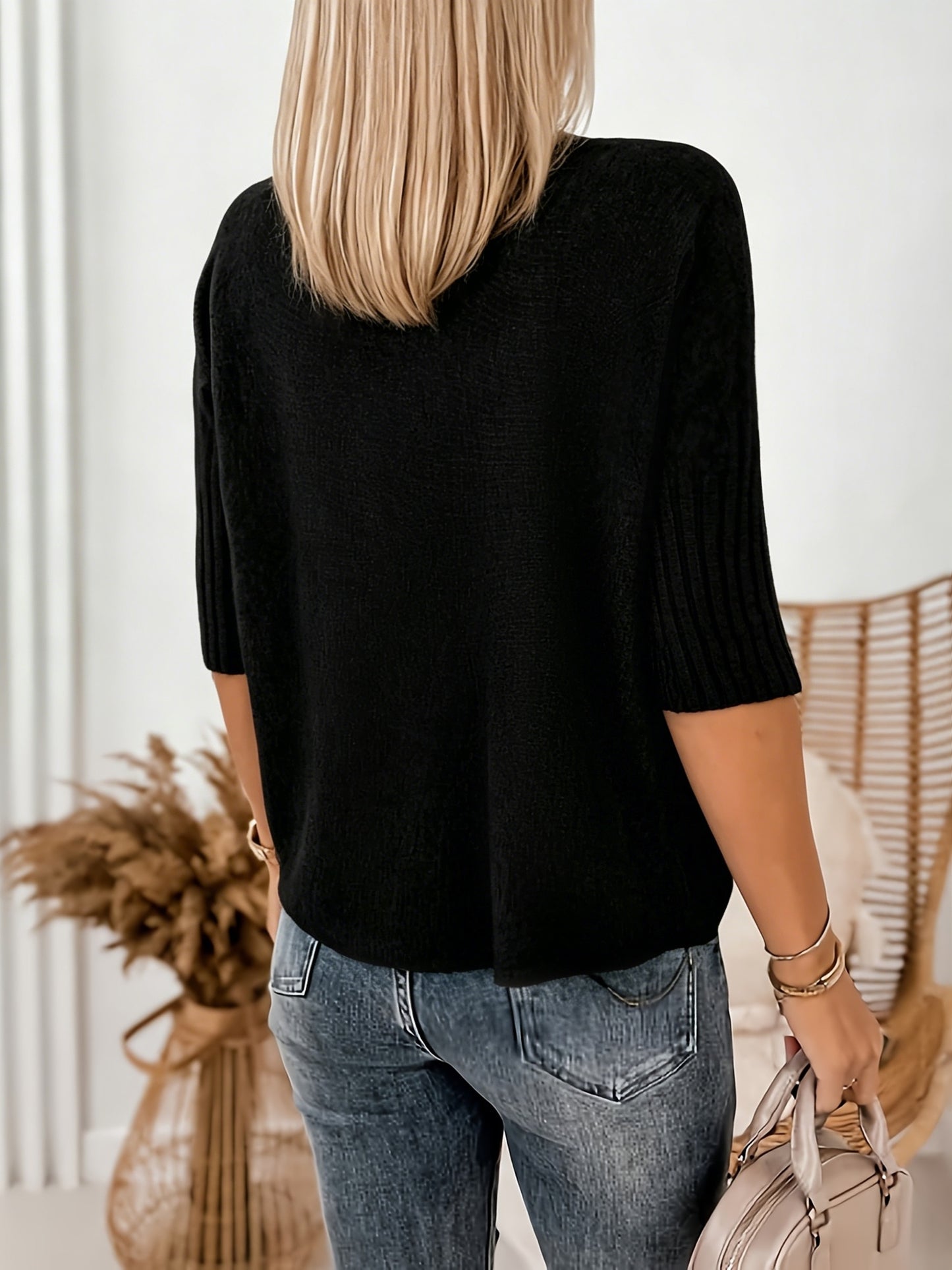 Comfortable Ribbed Sweater for Women with Turtleneck Short Sleeve Relaxed Oversized Knit Style