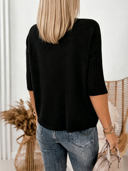 Comfortable Ribbed Sweater for Women with Turtleneck Short Sleeve Relaxed Oversized Knit Style