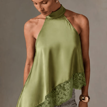 Irregular Patchwork Lace Neckline Halter Top, Women's Elegant Vest
