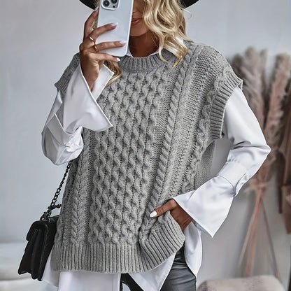 Comfortable Cable Knit Sweater Vest for Women with Crew Neck Sleeveless Oversized Relaxed Style